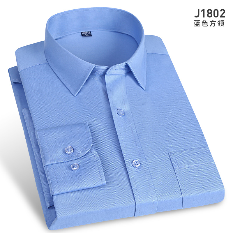 男士 60棉纯蓝平纹方领长袖衬衫J1802