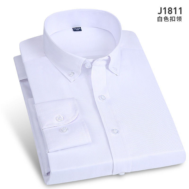 男士扣领 60棉纯白平纹长袖衬衫J1811